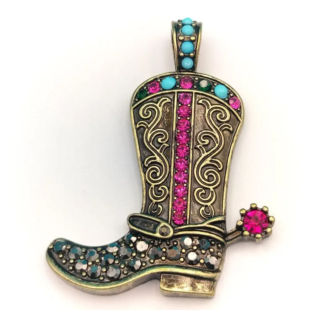 Western Cowboy Boot Pendant Rhinestone Antique Gold Tone Charm 2